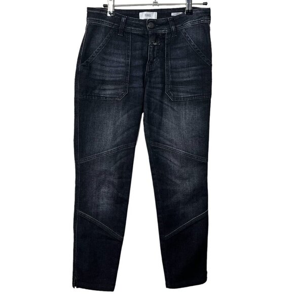 CLOSED Francesca Moto Cropped Jeans Women’s Size 24 Black Denim Altered Hem - Picture 2 of 14